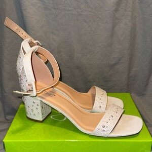 Ivory Crystal Ankle-Tie Block Heel Sandals